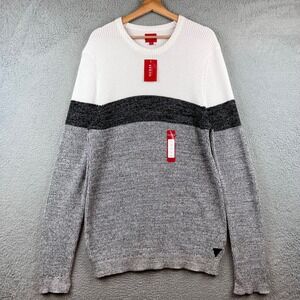 New Guess Mens Alfen LS Crew Sweater White Multi Color Block Knit XL